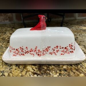 Potters Studio Cardinal and japanese cherry blossom covered butter dish new!